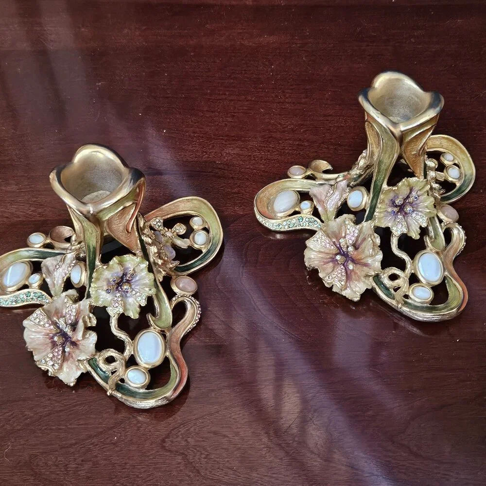 RARE 2 JAY STRONGWATER FLORA & FAUNA BLUSH ENAMEL CRYSTAL TAPER CANDLE HOLDER